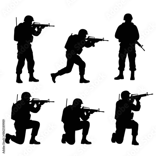 A group of armed soldiers depicted in various combat poses a striking black silhouette high quality