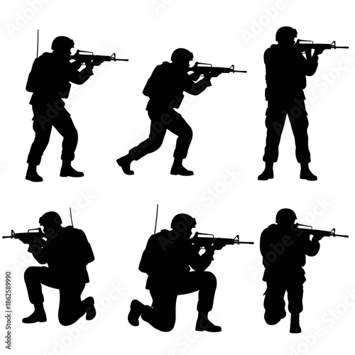 group of armed soldiers in various combat poses shown as a stark black silhouette high quality