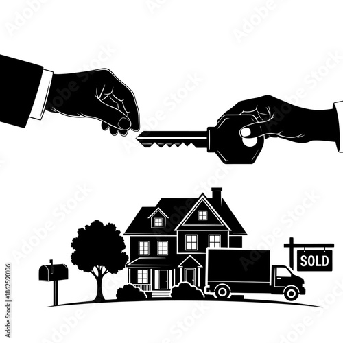 hands exchanging a key with a house and moving truck below a sold sign visible silhouette