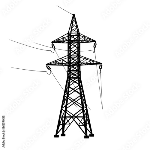 A stark depiction of a tall electricity pylon against a white background presenting a detailed silhouette