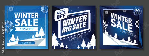 Three winter sale promotional posters with discounts snowflakes and scenic forest elements for invitation, banner, flyer, advertising