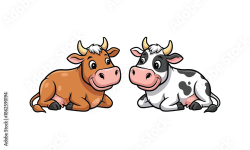 Two cartoon cows lying down smiling on a white background