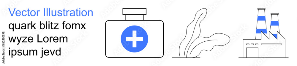 Fototapeta premium Healthcare services, environmental sustainability, industrial innovation, pharmaceutical production, eco-friendly concepts, industrial progress. Medical bottle, plant leaves, factory illustration