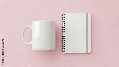 Blank White Coffee Mug and Notebook Branding Mockup Scene, Clean Minimalist Design on Solid Color Background