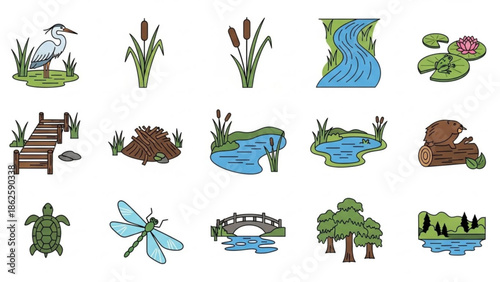 Cartoon Wetland Elements Set with Animals and Plants Isolated on White