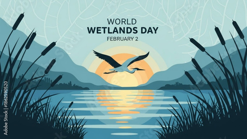 Birds Flying over Wetlands Landscape during Sunset on World Wetlands Day