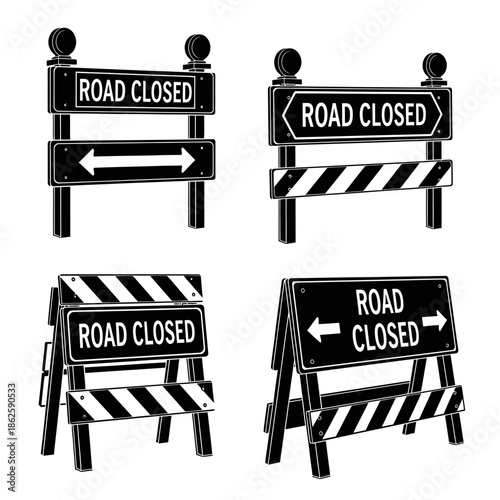 Four road closed signs depicted in a stark black and white illustration creating a dramatic silhouette