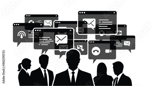 Diverse team collaborating on digital communication and networking in a modern office environment.