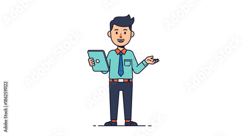 Man holding tablet and presenting with hand.