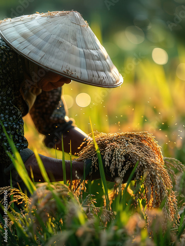 Traditional Asian farmer harvesting ripe golden rice grains in a lush green paddy field during harvest season, agriculture and sustainable food production concept.