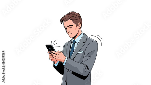 Businessman checking smartphone notification man in suit using mobile phone.