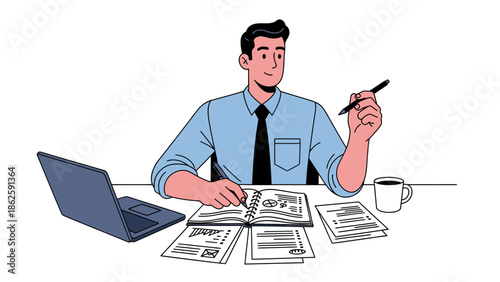 Businessman working at desk with laptop and documents.