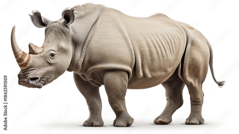 Fototapeta premium A Massive Gray Rhinoceros Stands Steadily with Thick Folded Skin and Prominent Horn