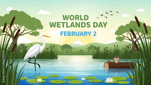 World Wetlands Day Poster with Heron Bird and Man on Log in Lake