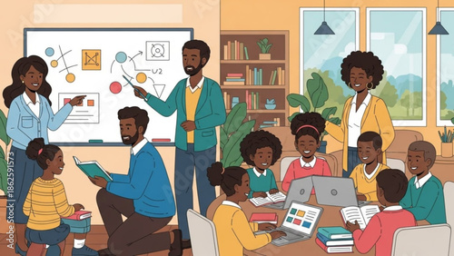 Diverse Group of People in a Modern Classroom Setting with Laptops and Whiteboard