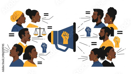 Diverse People Protesting with Megaphone Symbolizing Equality and Justice
