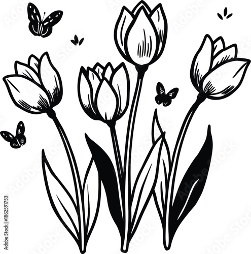 Elegant black and white line art illustration of blooming tulips with graceful butterflies