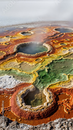 Aerial view of Grand Prismatic Spring colorful landscape in Yellowstone National Park, vibrant hues of orange, yellow, green, and blue