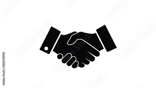 A simple black graphic of two hands shaking in agreement silhouette