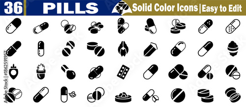 36 black and white pill icons for medicine and healthcare vector pack Vector Illustration.