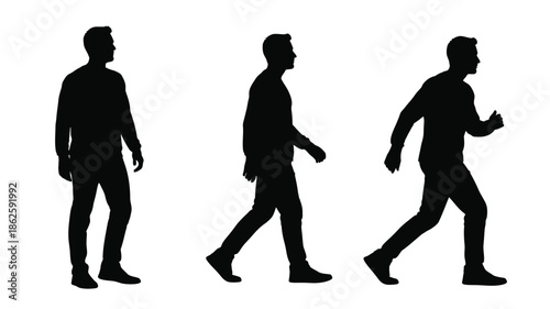Three men walking in different poses a striking black silhouette