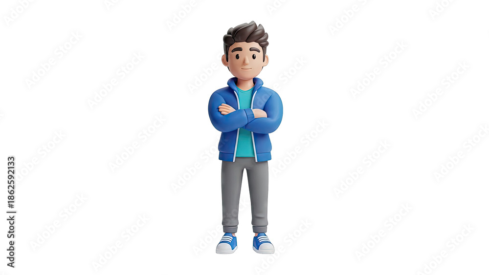Fototapeta premium 3D Cartoon Boy in Blue Jacket and Grey Pants