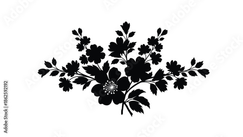 Delicate floral arrangement with blossoming flowers and winding stems a silhouette