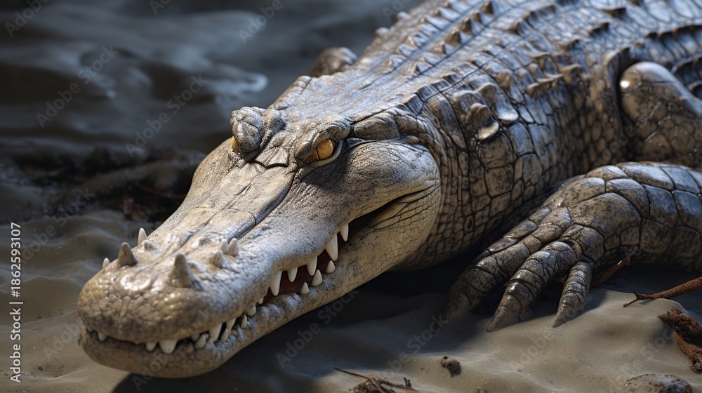 Fototapeta premium Close-up of a large crocodile basking on a muddy riverbank beside dark water