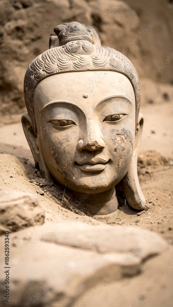 Obraz premium Close-up of an ancient stone sculpture emerging from earth
