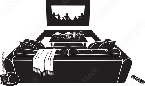 A cozy living room with a cat and TV