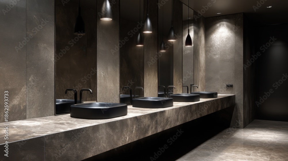 Fototapeta premium Luxurious Modern Bathroom Design with Sleek Black Sinks and Elegant Lighting Fixtures in a Stylish Interior Space