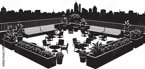 A black and white illustration of a rooftop garden with a city skyline in the background