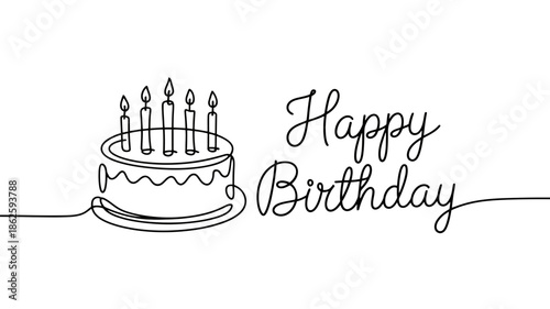 Birthday Cake with Candles Continuous Line Art Illustration in Simple Hand Drawn Style on White Background for Greeting Card