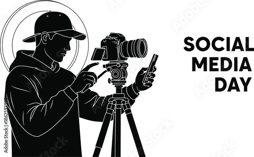 Silhouette of a content creator adjusting professional camera equipment on a tripod while holding a smartphone in preparation for filming social media content marking the special day