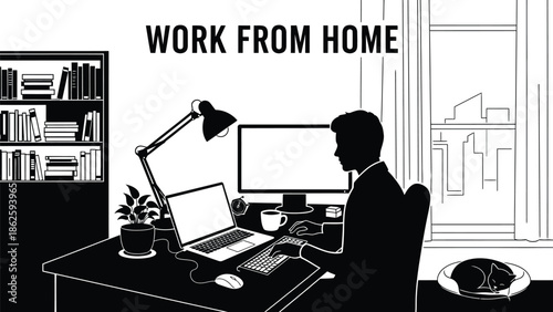 Stylized black and white illustration depicts a focused individual working diligently from home at a desk with dual monitors and a sleeping cat nearby representing modern remote professional life