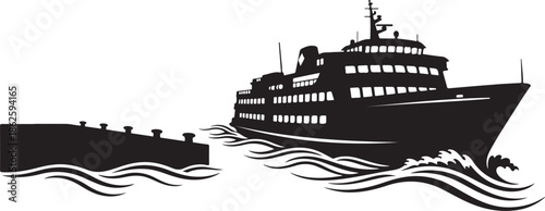 A large ship is sailing past a dock