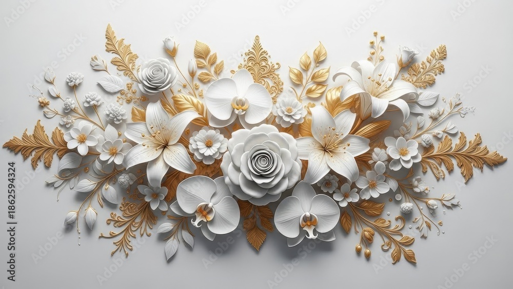 Obraz premium An elegant arrangement of white and golden flowers featuring orchids roses and foliage displayed against a soft neutral background