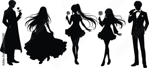 character silhouettes, anime style, black white, dramatic pose, visual novel, lollipop girl, rose figure, microphone suit, frilly dress