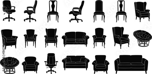 chair silhouettes, sofa icons, furniture styles, black shapes, interior design, seating options, armchairs, office chairs, lounge seats, home decor