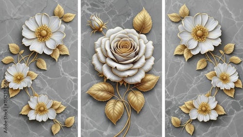 A stunning triptych depicts luxurious white and gold floral arrangements with intricate detailing against a marble backdrop high quality