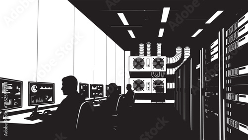 A group of people working in a modern server room with computer monitors and data storage equipment