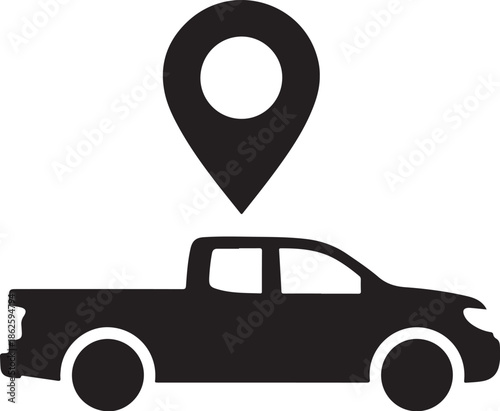 A black silhouette of a pickup truck with a location pin