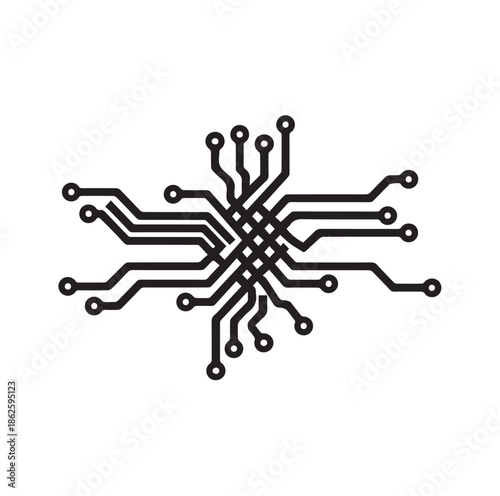 Electronic circuit board design with digital connection nodes and data network lines in black and white