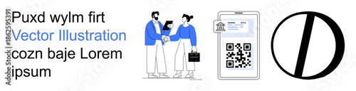 Business agreements, QR code technology, data security, online transactions, identity verification, digital validation. Two people shaking hands and a QR code on a smartphone screen. Business