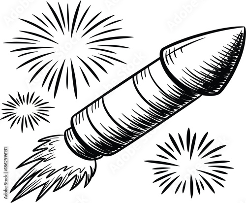 Rocket firework vector illustration with woodcut style explosions and sparkles