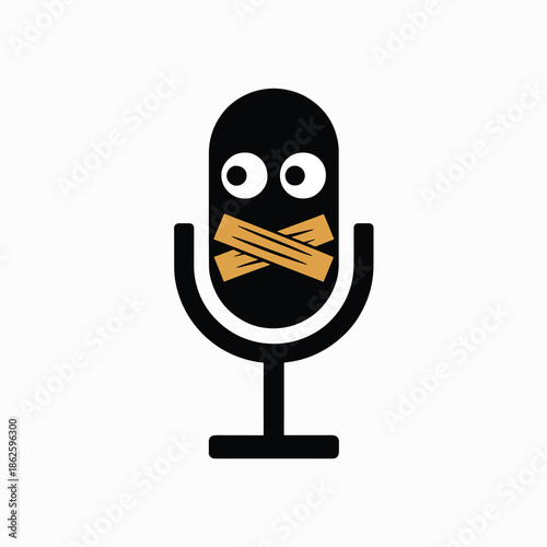 A surreal cartoon microphone with a taped mouth and expressive eyes on a plain white background, conveying a sense of silence or censorship.