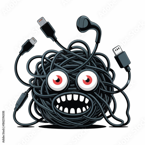 A cartoon illustration of a tangled bundle of black electronic cables with a face, featuring red eyes and a toothy mouth, against a white background with a surreal mood.