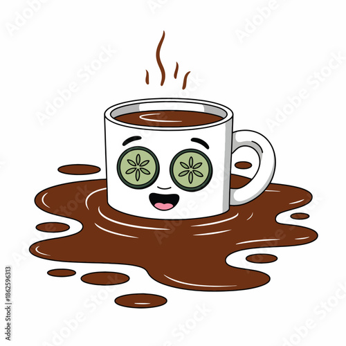 A cartoon coffee mug with kiwi slices for eyes and a cheerful expression sitting in a puddle of spilled coffee on a white background with a surreal mood.