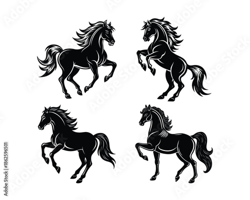 Rearing & jumping horse, wild mustang running, powerful running, athletic horse, mustang galloping Silhouette vector design set collection, rearing horse silhouette, jumping horse silhouette, running 