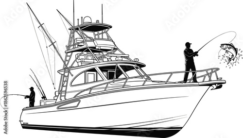fishing boat, black white, deep sea, sport fishing, catch moment, marine activity, outdoor recreation, fish jump, boat silhouette, ocean scene
